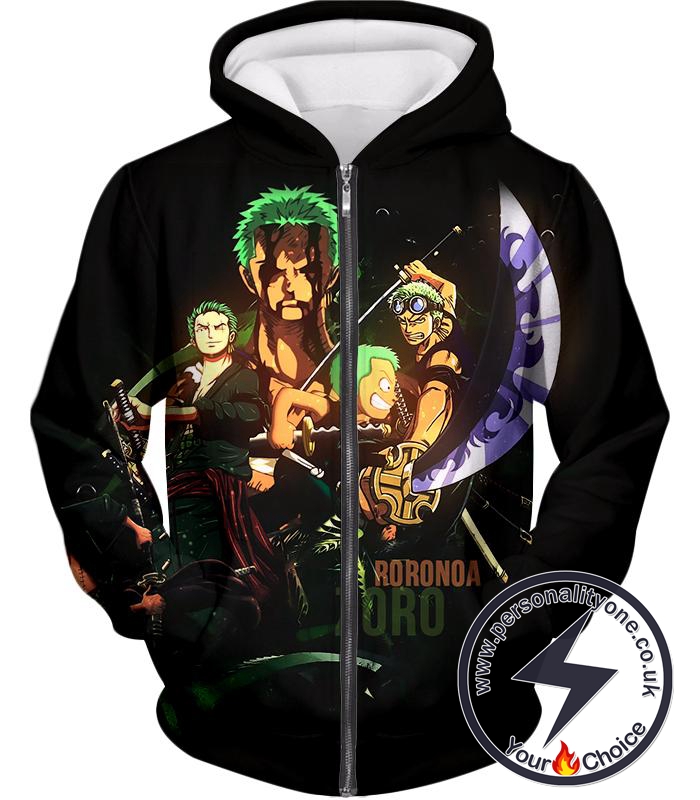 One Piece Extremely Powerful Swordsman Roronoa Zoro Promo Black Zip Up Hoodie